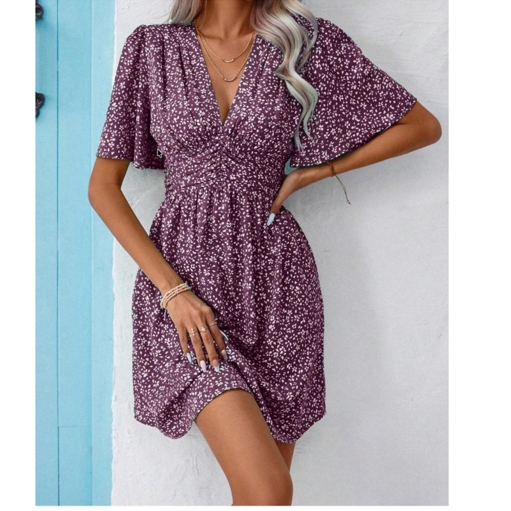 Bohemian Burgundy Floral Bell Sleeve Mini Dress S M L XL XXL